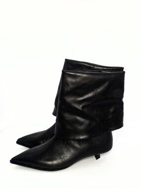Black Scrunch Fold-Over Kitten Heel Booties - Size 7 NEW